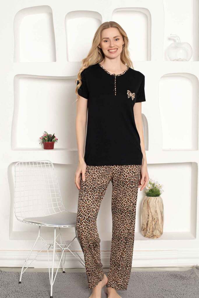 Leopar desenli Kadın Pijama Takımı - Fiyonk Nakışlı Likralı 2805KY - 4