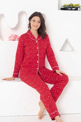 Kırmızı Likralı Önden Düğmeli Uzun Kollu Bayan Pijama Takımı 2769UKL - 3