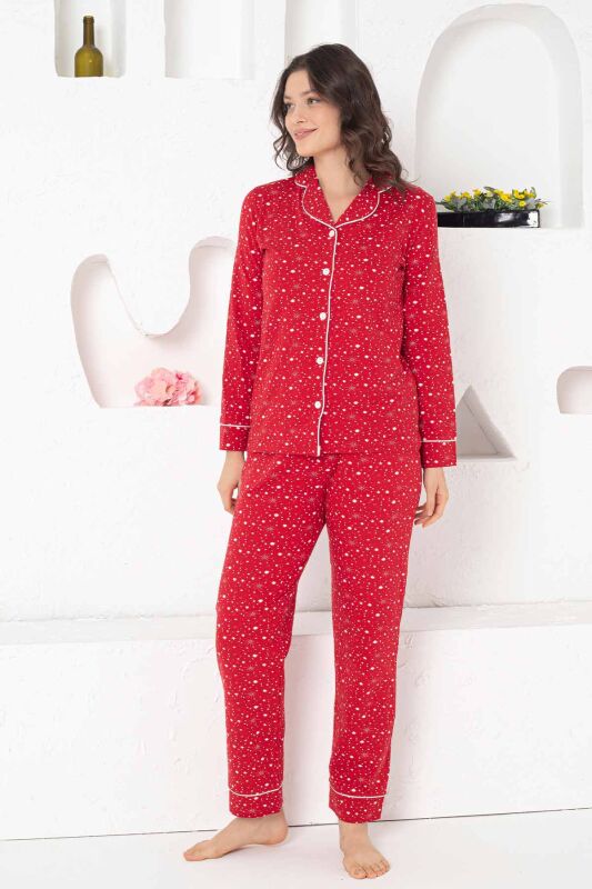 Kırmızı Likralı Önden Düğmeli Uzun Kollu Bayan Pijama Takımı 2769UKL - 4