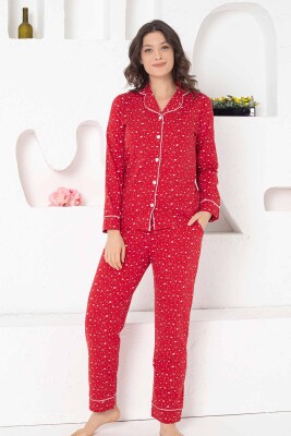 Kırmızı Likralı Önden Düğmeli Uzun Kollu Bayan Pijama Takımı 2769UKL - 1