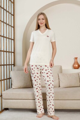 Mantar Desenli Kadın Pijama Takımı - Ekru V Yaka Likralı Viskon Kısa Kollu 2847KY - Alimer