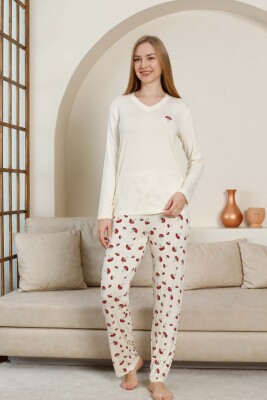 Mantar Desenli Kadın Pijama Takımı - Ekru V Yaka Likralı Viskon Uzun Kollu 2847UY - Alimer