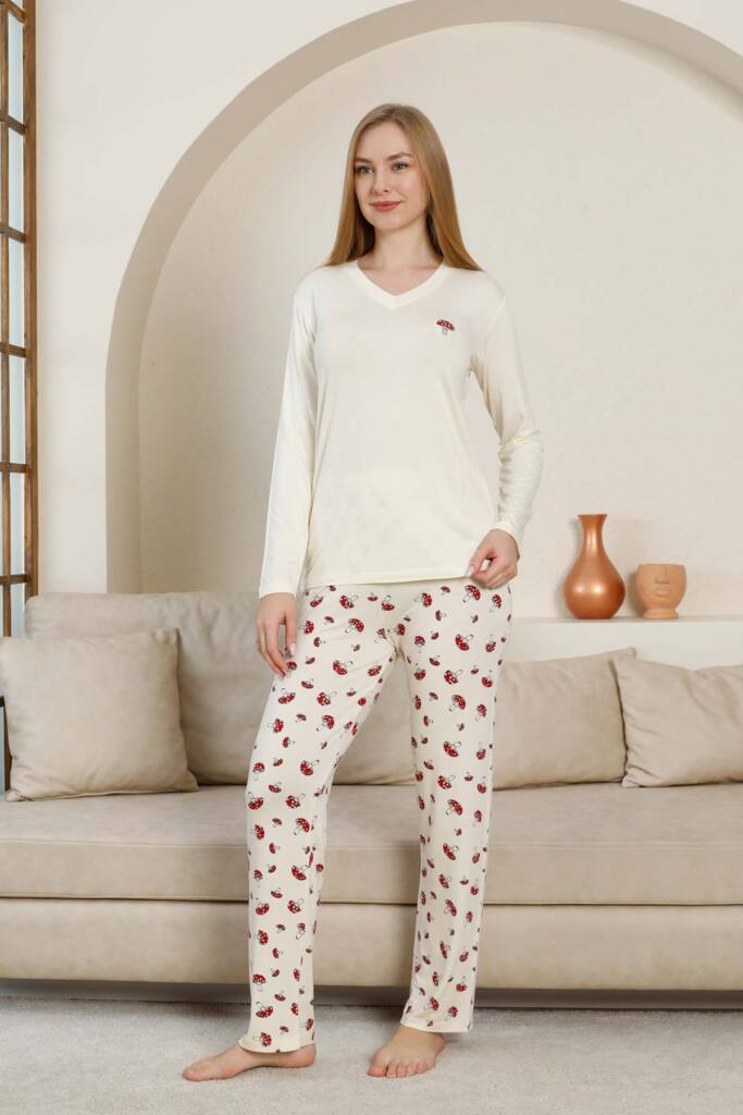 Mantar Desenli Kadın Pijama Takımı - Ekru V Yaka Likralı Viskon Uzun Kollu 2847UY - 1