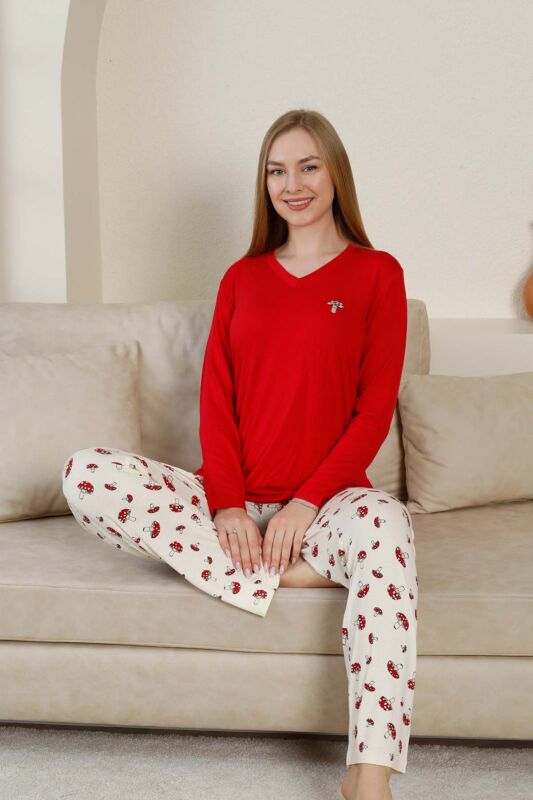 Mantar Desenli Kadın Pijama Takımı - Kırmızı V Yaka Likralı Viskon Uzun Kollu 2847UY - 2