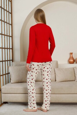 Mantar Desenli Kadın Pijama Takımı - Kırmızı V Yaka Likralı Viskon Uzun Kollu 2847UY - 5