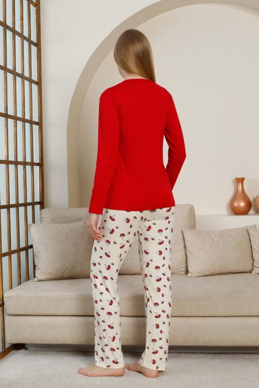 Mantar Desenli Kadın Pijama Takımı - Kırmızı V Yaka Likralı Viskon Uzun Kollu 2847UY - 5