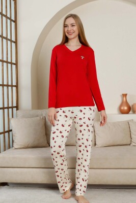 Mantar Desenli Kadın Pijama Takımı - Kırmızı V Yaka Likralı Viskon Uzun Kollu 2847UY - 3