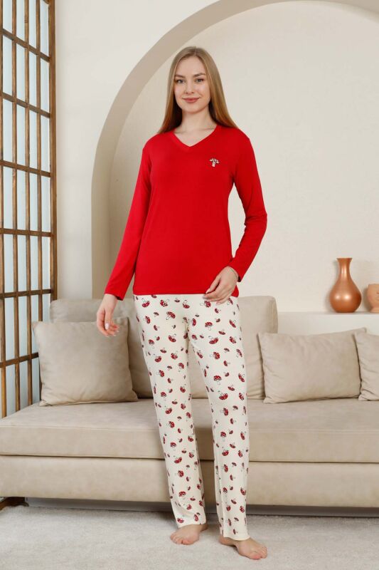 Mantar Desenli Kadın Pijama Takımı - Kırmızı V Yaka Likralı Viskon Uzun Kollu 2847UY - 4