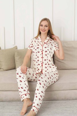 Mantar Desenli Kadın Pijama Takımı - Önden Düğmeli Likralı Kısa Kollu 2858KY - 4