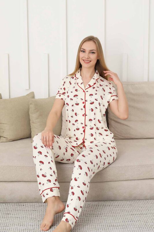 Mantar Desenli Kadın Pijama Takımı - Önden Düğmeli Likralı Kısa Kollu 2858KY - 4