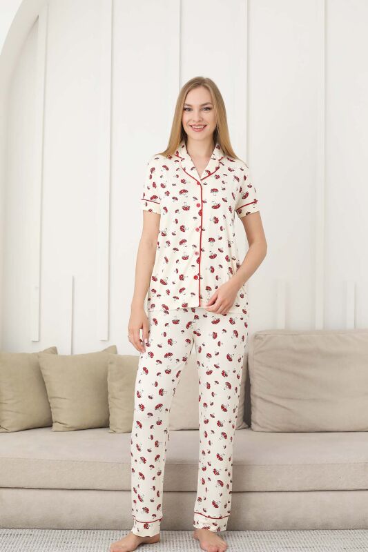 Mantar Desenli Kadın Pijama Takımı - Önden Düğmeli Likralı Kısa Kollu 2858KY - 1