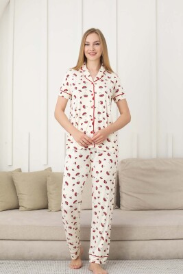 Mantar Desenli Kadın Pijama Takımı - Önden Düğmeli Likralı Kısa Kollu 2858KY - 2