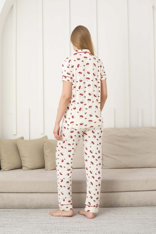 Mantar Desenli Kadın Pijama Takımı - Önden Düğmeli Likralı Kısa Kollu 2858KY - 5