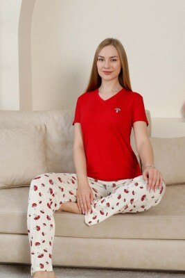 Mantar Desenli Kadın Pijama Takımı - Kırmızı V Yaka Likralı Viskon Kısa Kollu 2847KY - 2