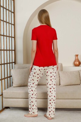 Mantar Desenli Kadın Pijama Takımı - Kırmızı V Yaka Likralı Viskon Kısa Kollu 2847KY - 5
