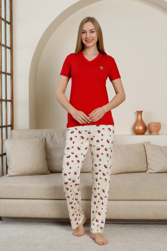 Mantar Desenli Kadın Pijama Takımı - Kırmızı V Yaka Likralı Viskon Kısa Kollu 2847KY - 3
