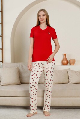Mantar Desenli Kadın Pijama Takımı - Kırmızı V Yaka Likralı Viskon Kısa Kollu 2847KY - 1