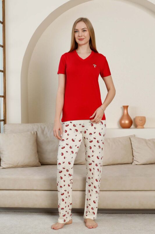 Mantar Desenli Kadın Pijama Takımı - Kırmızı V Yaka Likralı Viskon Kısa Kollu 2847KY - 1