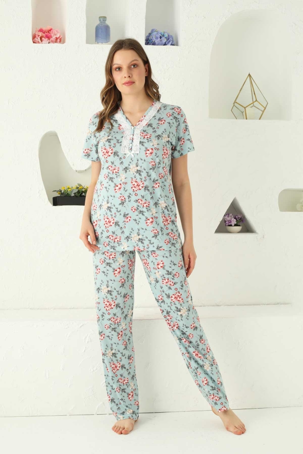 Mavi Çiçek Desenli Kısa Kollu Pijama Takımı 2737KY - 1