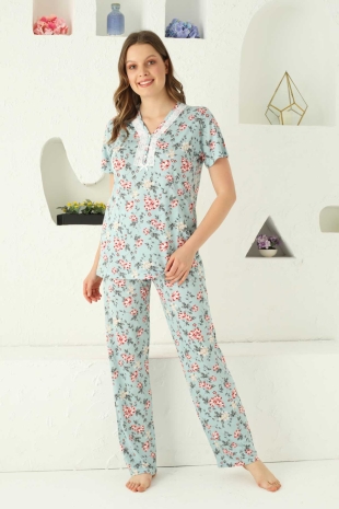 Mavi Çiçek Desenli Kısa Kollu Pijama Takımı 2737KY - 2