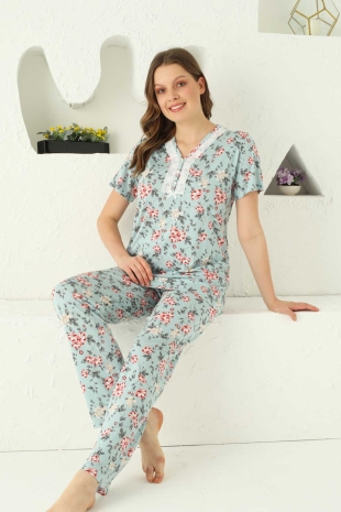 Mavi Çiçek Desenli Kısa Kollu Pijama Takımı 2737KY - 4