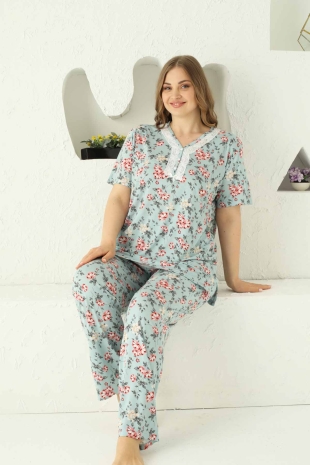 Mavi Çiçek Desenli Battal Beden Kısa Kollu Pijama Takımı 2737KYB - 3