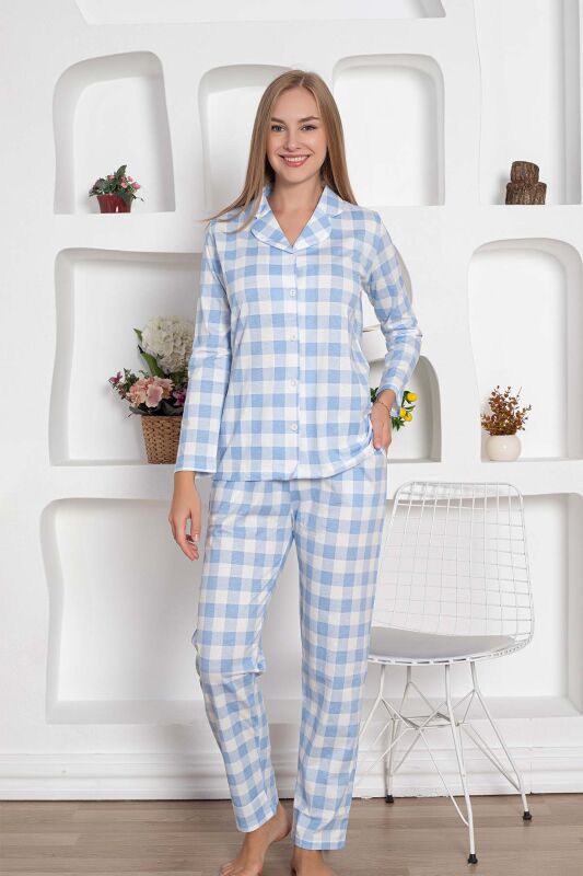  Ekoseli Önden Düğmeli Kadın Pijama Takımı - Mavi Uzun Kollu Penye 2793UY - 2