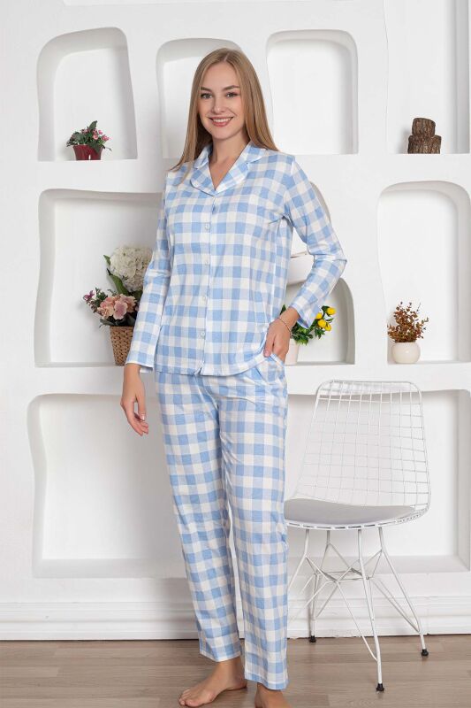  Ekoseli Önden Düğmeli Kadın Pijama Takımı - Mavi Uzun Kollu Penye 2793UY - 3