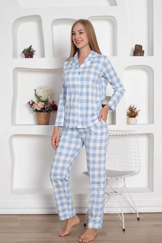  Ekoseli Önden Düğmeli Kadın Pijama Takımı - Mavi Uzun Kollu Penye 2793UY - 5