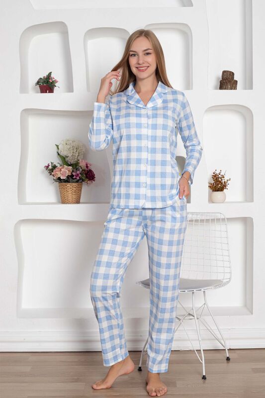  Ekoseli Önden Düğmeli Kadın Pijama Takımı - Mavi Uzun Kollu Penye 2793UY - 6