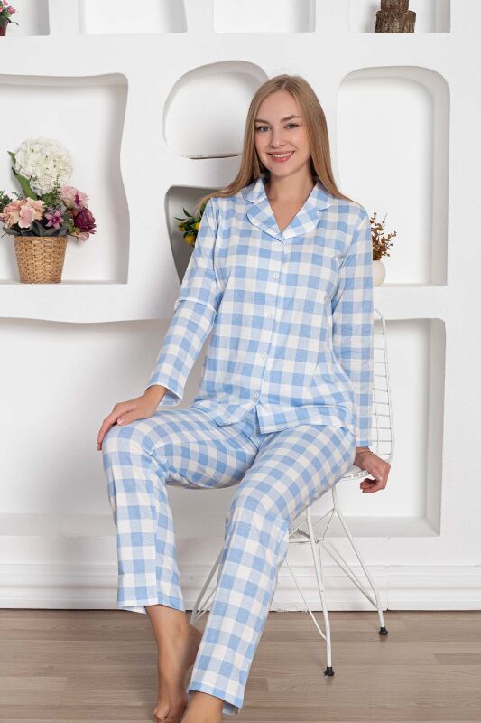  Ekoseli Önden Düğmeli Kadın Pijama Takımı - Mavi Uzun Kollu Penye 2793UY - 4