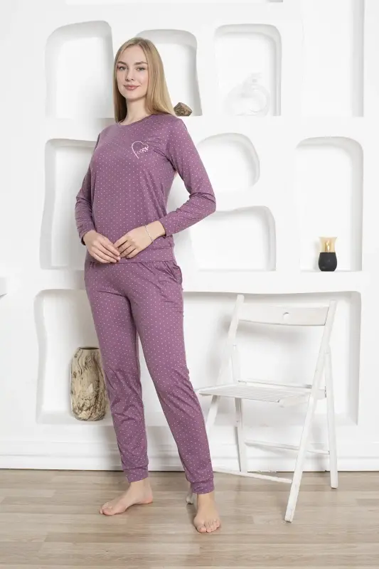 Mini Kalp Desenli Kadın Pijama Takımı -Uzun Kollu Manşetli Milan 2816UK - 4