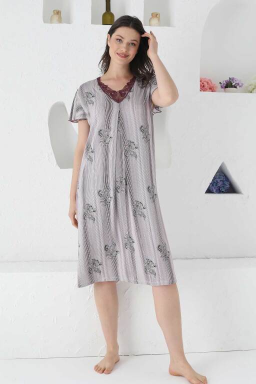 Mürdüm Çizgili Likralı Bayan Gecelik 2654KG - Alimer (1)