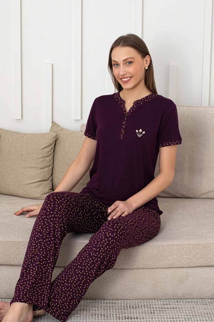 Nakışlı Kadın Pijama Takımı - 3 Düğmeli Kısa Kol Likralı Bambu Viskon 2838KY - 2