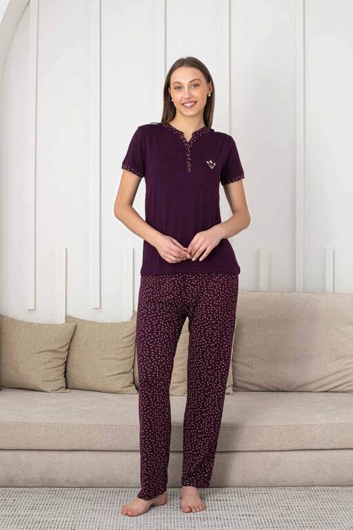 Nakışlı Kadın Pijama Takımı - 3 Düğmeli Kısa Kol Likralı Bambu Viskon 2838KY - 3