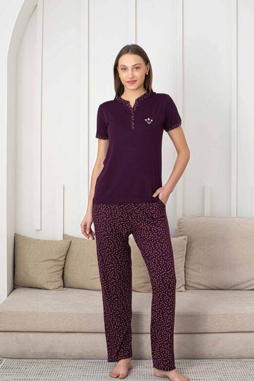 Nakışlı Kadın Pijama Takımı - 3 Düğmeli Kısa Kol Likralı Bambu Viskon 2838KY - Alimer