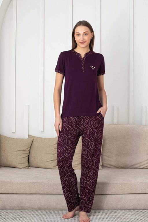 Nakışlı Kadın Pijama Takımı - 3 Düğmeli Kısa Kol Likralı Bambu Viskon 2838KY - 4