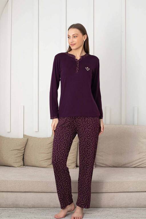 Nakışlı Kadın Pijama Takımı - 3 Düğmeli Uzun Kol Likralı Bambu Viskon 2838UY - Alimer