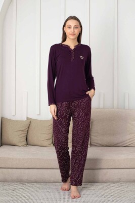 Nakışlı Kadın Pijama Takımı - 3 Düğmeli Uzun Kol Likralı Bambu Viskon 2838UY - 2
