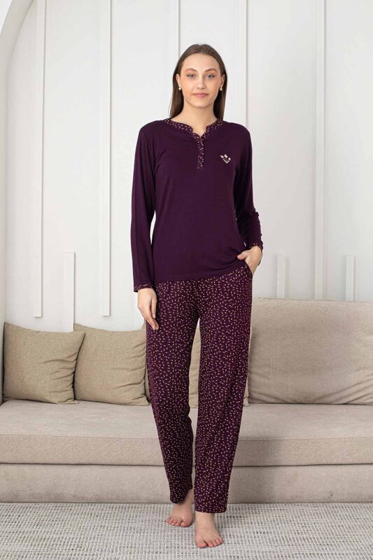 Nakışlı Kadın Pijama Takımı - 3 Düğmeli Uzun Kol Likralı Bambu Viskon 2838UY - 2