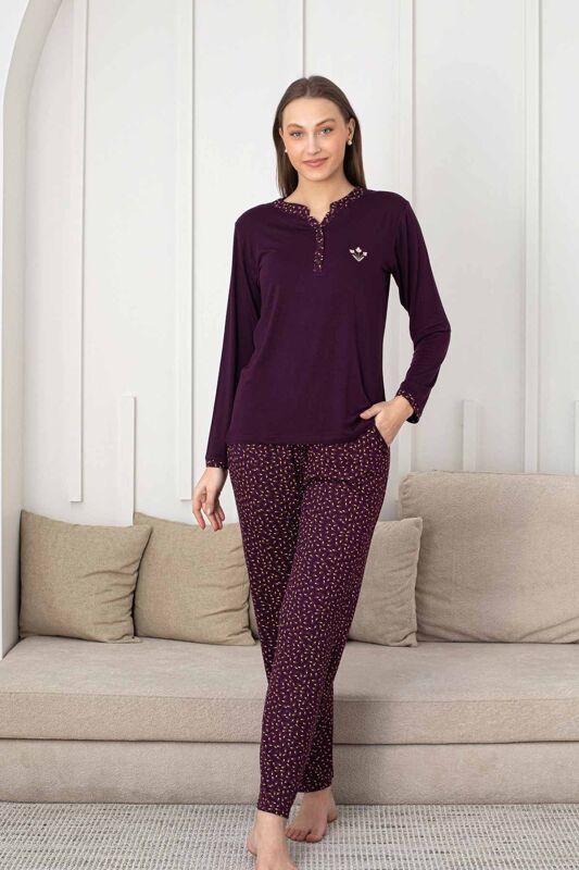 Nakışlı Kadın Pijama Takımı - 3 Düğmeli Uzun Kol Likralı Bambu Viskon 2838UY - 1