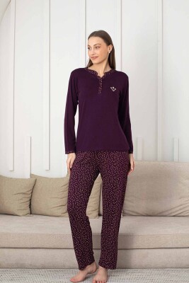 Nakışlı Kadın Pijama Takımı - 3 Düğmeli Uzun Kol Likralı Bambu Viskon 2838UY - 3
