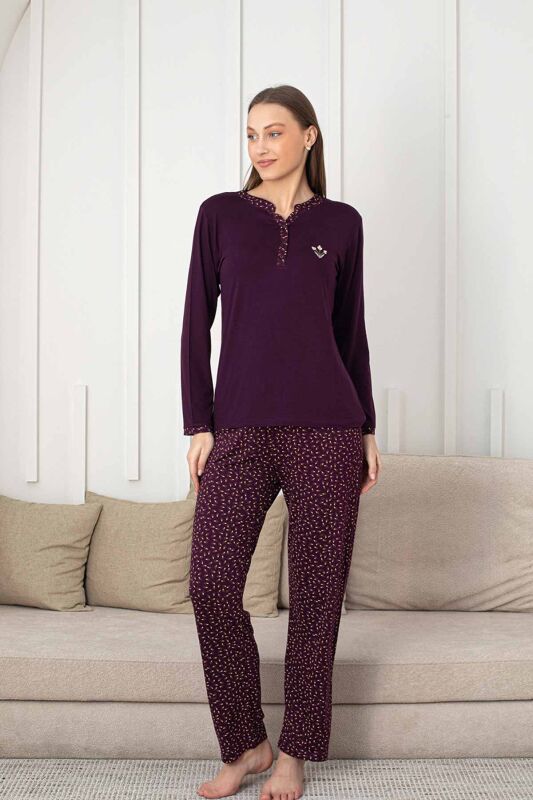 Nakışlı Kadın Pijama Takımı - 3 Düğmeli Uzun Kol Likralı Bambu Viskon 2838UY - 3