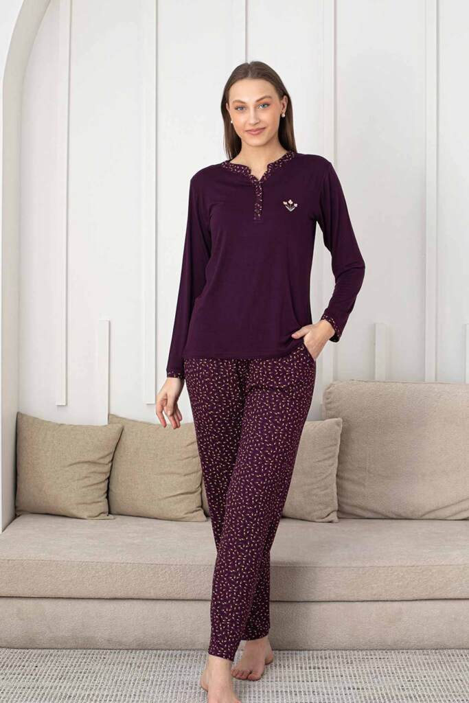 Nakışlı Kadın Pijama Takımı - 3 Düğmeli Uzun Kol Likralı Bambu Viskon 2838UY - 3
