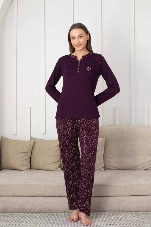 Nakışlı Kadın Pijama Takımı - 3 Düğmeli Uzun Kol Likralı Bambu Viskon 2838UY - 4