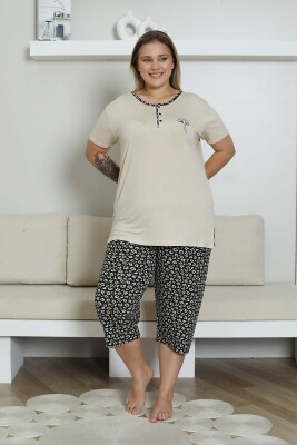 Nakışlı Kadın Pijama Takımı - Bej Büyük Beden Bermuda Kısa Kol Likralı Bambu Viskon 2857BB - 4