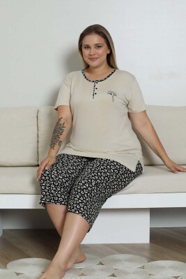 Nakışlı Kadın Pijama Takımı - Bej Büyük Beden Bermuda Kısa Kol Likralı Bambu Viskon 2857BB - 5