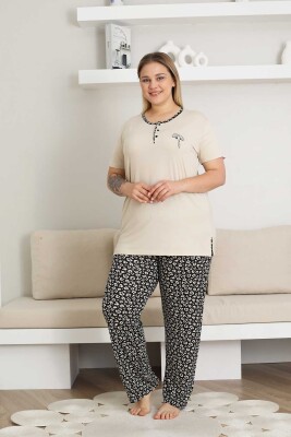 Nakışlı Kadın Pijama Takımı - Bej Büyük Beden Kısa Kol Likralı Bambu Viskon 2857KYB - 2