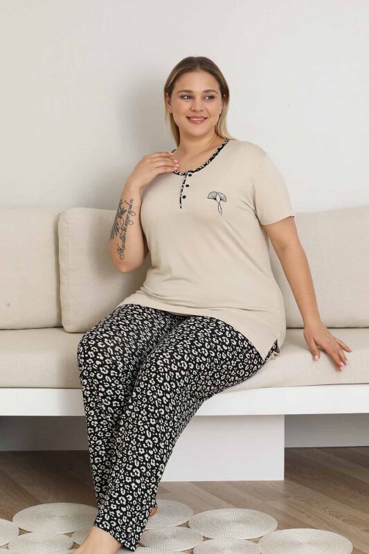 Nakışlı Kadın Pijama Takımı - Bej Büyük Beden Kısa Kol Likralı Bambu Viskon 2857KYB - 3