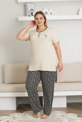 Nakışlı Kadın Pijama Takımı - Bej Büyük Beden Kısa Kol Likralı Bambu Viskon 2857KYB - Alimer